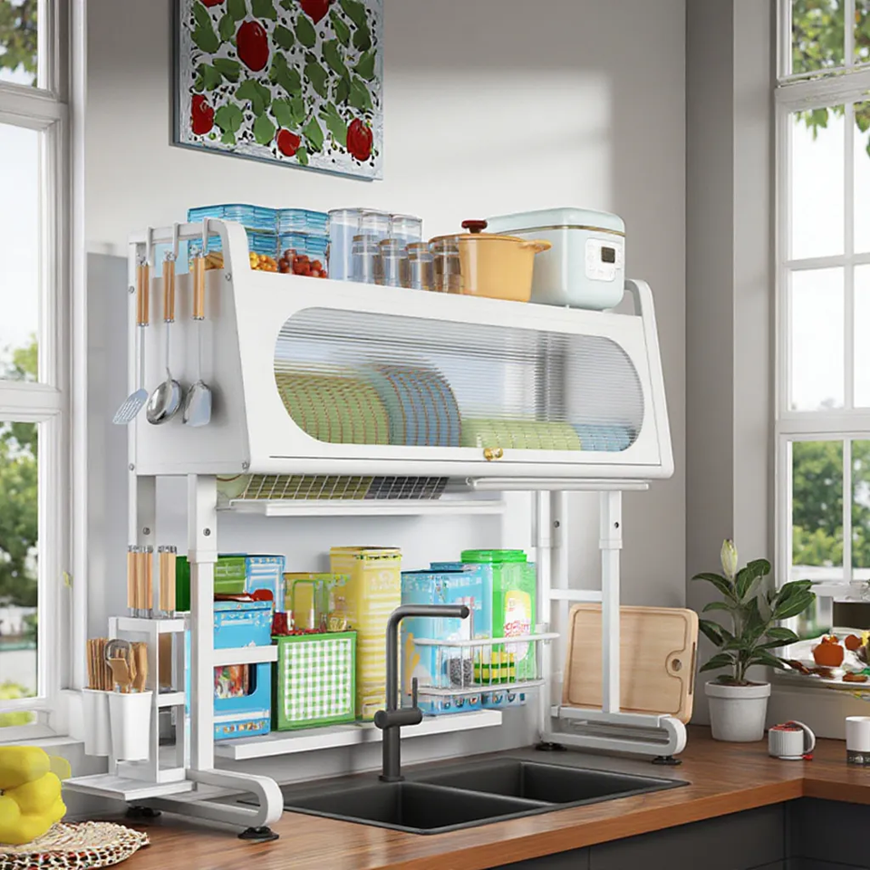 Double-Tier Kitchen Sink Storage Rack with Drainage – Dust-Resistant Bowl and Tray Organizer