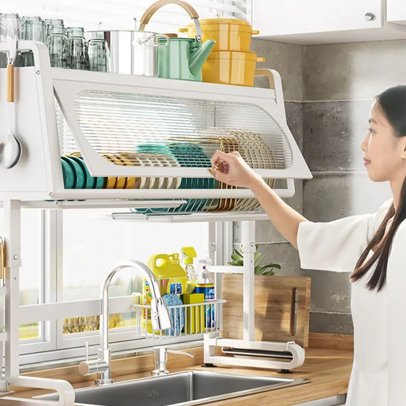 Double-Tier Kitchen Sink Storage Rack with Drainage – Dust-Resistant Bowl and Tray Organizer