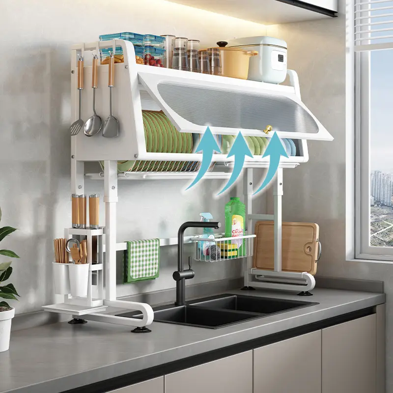 Double-Tier Kitchen Sink Storage Rack with Drainage – Dust-Resistant Bowl and Tray Organizer