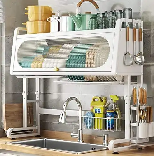 Double-Tier Kitchen Sink Storage Rack with Drainage – Dust-Resistant Bowl and Tray Organizer