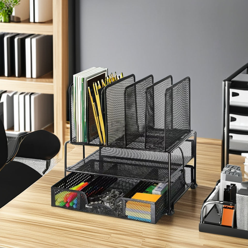 Metal Mesh Desktop File Organizer with Sliding Drawer – Foldable Document Storage for Office Desk