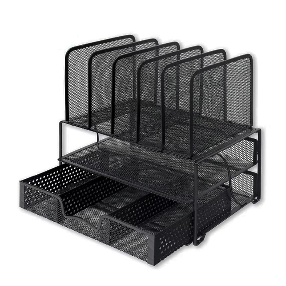 Metal Mesh Desktop File Organizer with Sliding Drawer – Foldable Document Storage for Office Desk
