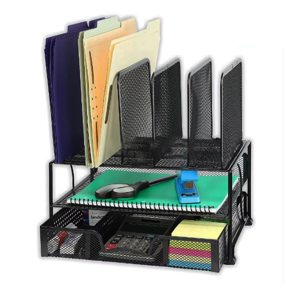 Metal Mesh Desktop File Organizer with Sliding Drawer – Foldable Document Storage for Office Desk