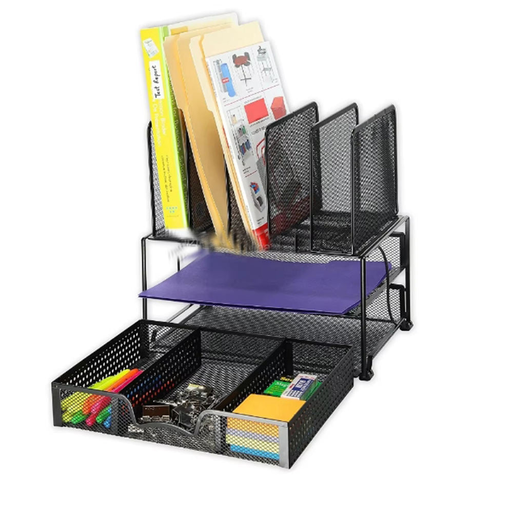 Metal Mesh Desktop File Organizer with Sliding Drawer – Foldable Document Storage for Office Desk
